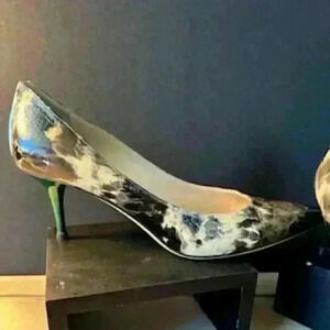 JIMMY CHOO 'Romy 85' patent leather black & cream marble green heel pump.‎